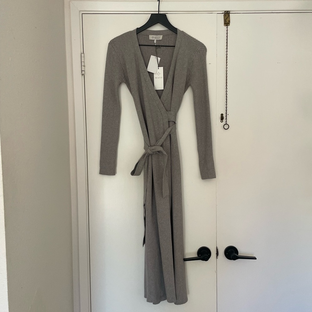 NWT • Wayf | Gray Ribbed Wrapped Sweater Dress